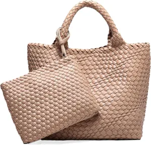 Woven Bag for Women Vegan Leather Tote Bag Large Summer Beach Travel Handbag and Purse Retro Handmade Shoulder Bag