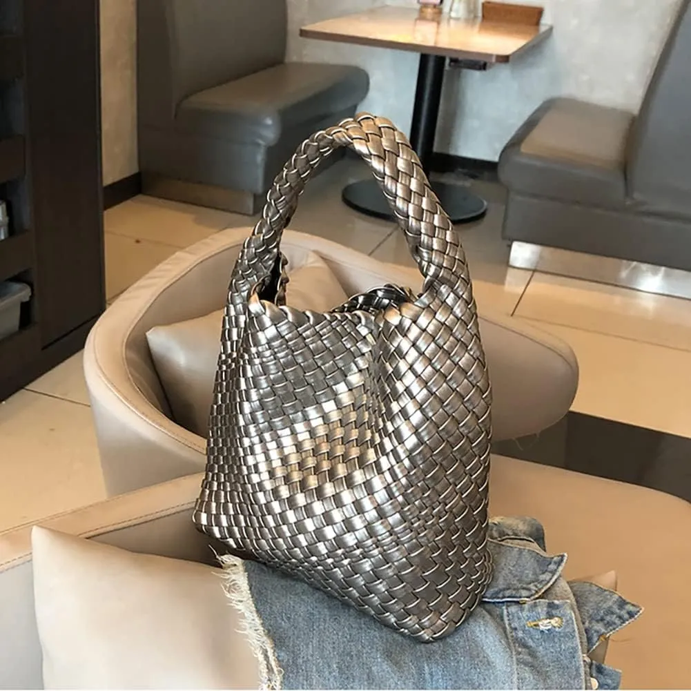 Woven Leather Bags for Women Knoted Women Handbag Designer Shoulder Bucket Purse Handmade Fashion Tote Hobo Bag Small