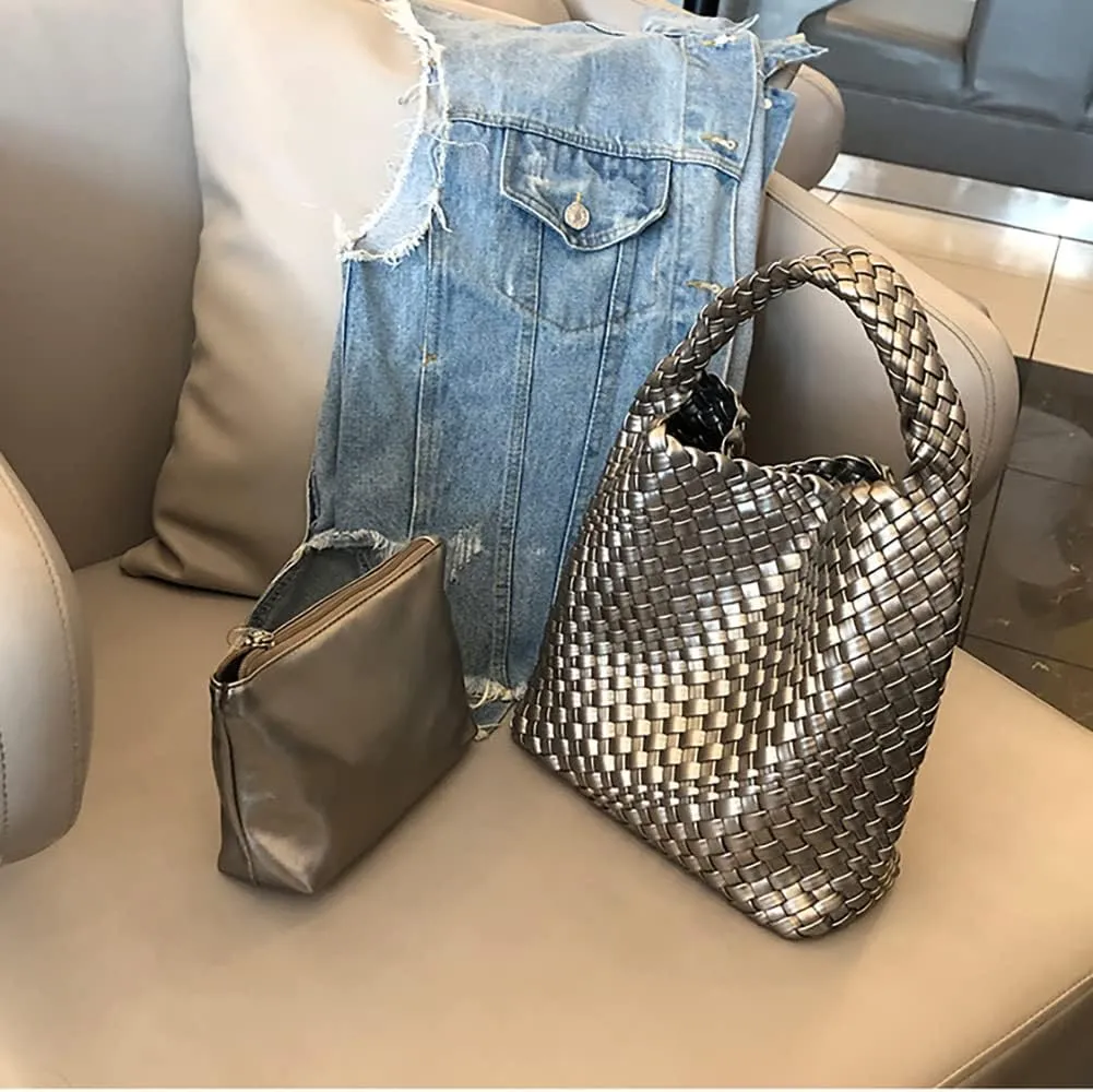 Woven Leather Bags for Women Knoted Women Handbag Designer Shoulder Bucket Purse Handmade Fashion Tote Hobo Bag Small