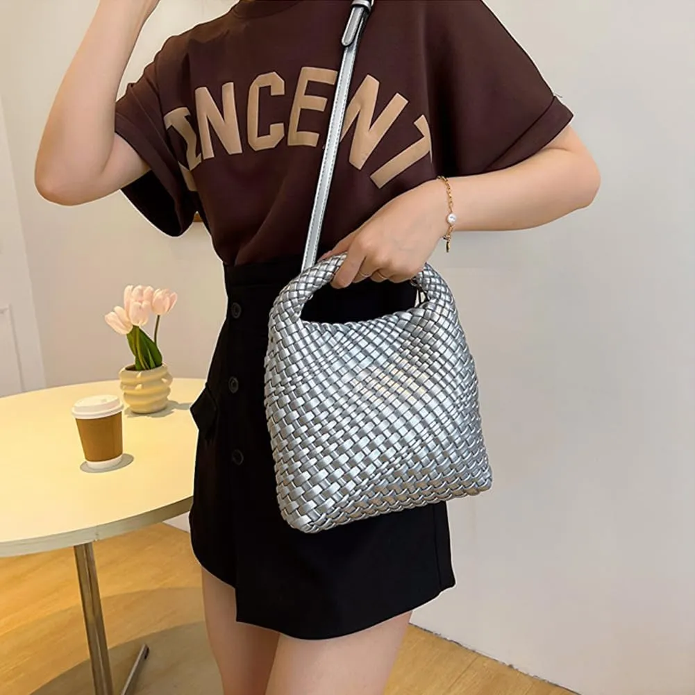 Woven Leather Bags for Women Knoted Women Handbag Designer Shoulder Bucket Purse Handmade Fashion Tote Hobo Bag Small