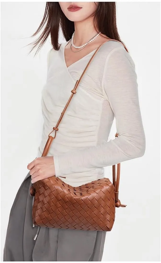 Woven Leather Crossbody Bag, Small Shoulder Purse with Adjustable Strap