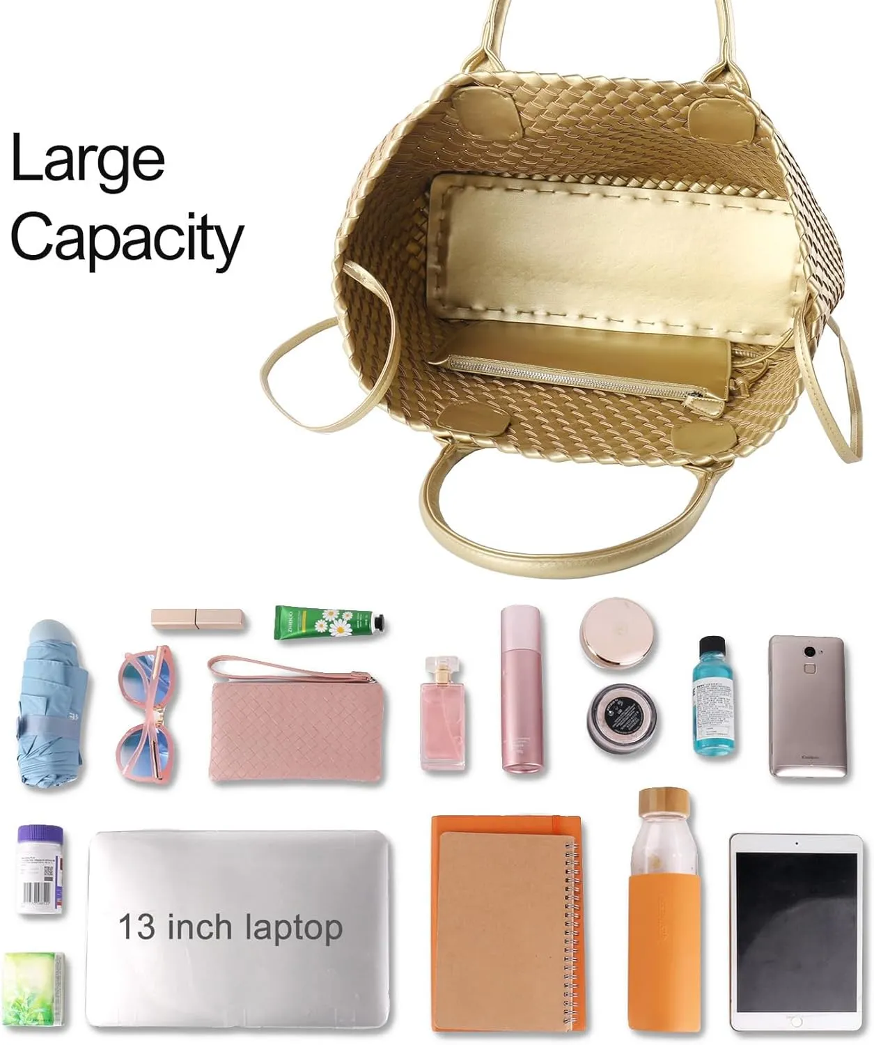Woven Tote Bag for Women Retro Handwoven Shoulder Travel Handbag Large Capacity Hobo Vegan Leather Bags with Purse