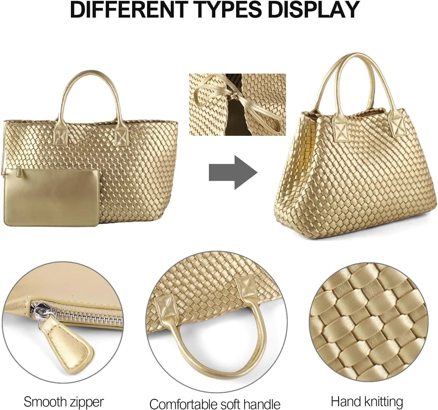 Woven Tote Bag for Women Retro Handwoven Shoulder Travel Handbag Large Capacity Hobo Vegan Leather Bags with Purse