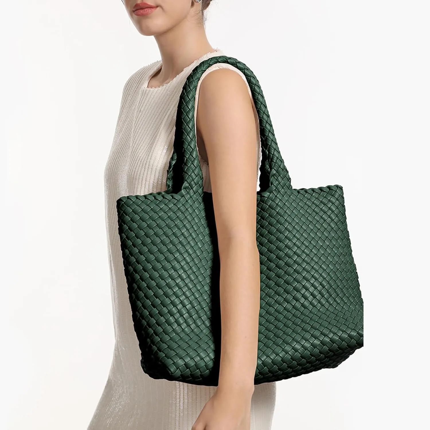 Woven Tote Bag for Women,Fashion Top Handle Shoulder Bag Vegan Leather Shopper Bag Large Travel Tote Bag with Purse