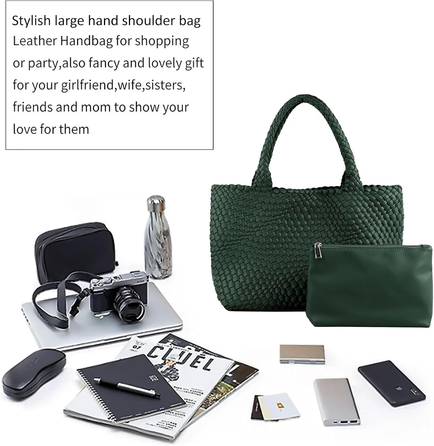 Woven Tote Bag for Women,Fashion Top Handle Shoulder Bag Vegan Leather Shopper Bag Large Travel Tote Bag with Purse