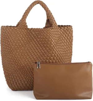 Woven Vegan Leather Handmade Tote for Women - Summer Beach Travel Hand Bag, Purse, Satchel Handbag