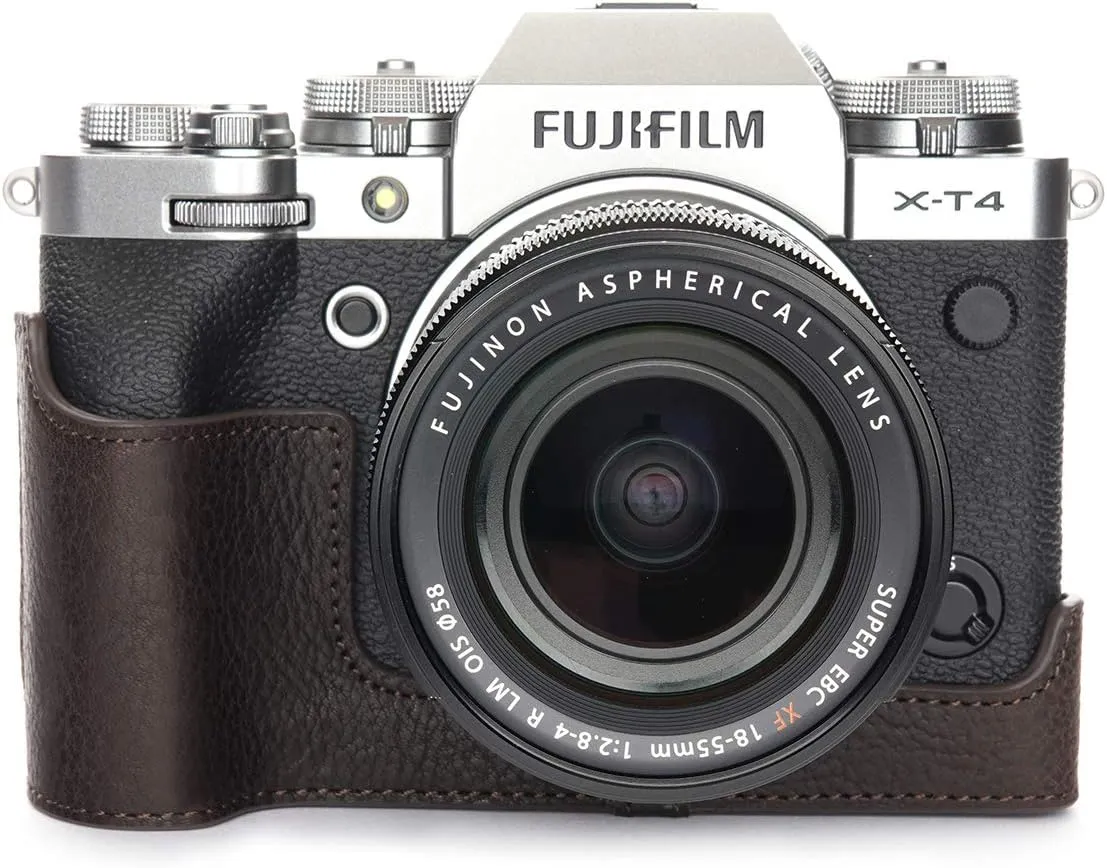 X-T4 Camera Case, BolinUS Handmade Genuine Real Leather Half Camera Case Bag Cover for Fujifilm Fuji X-T4 XT4 Camera Bottom Opening Version   Hand Strap (Coffee)