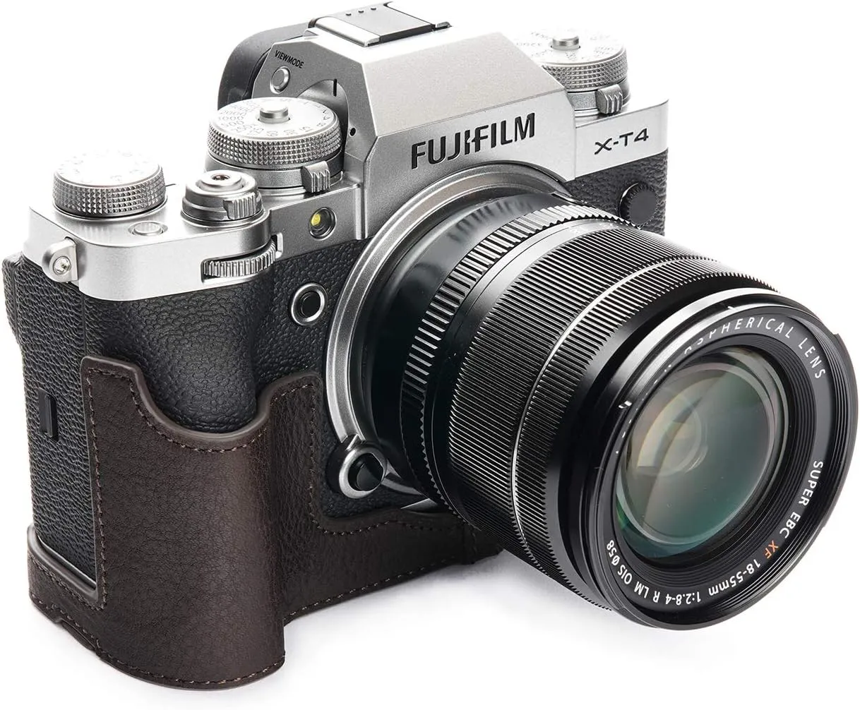 X-T4 Camera Case, BolinUS Handmade Genuine Real Leather Half Camera Case Bag Cover for Fujifilm Fuji X-T4 XT4 Camera Bottom Opening Version   Hand Strap (Coffee)