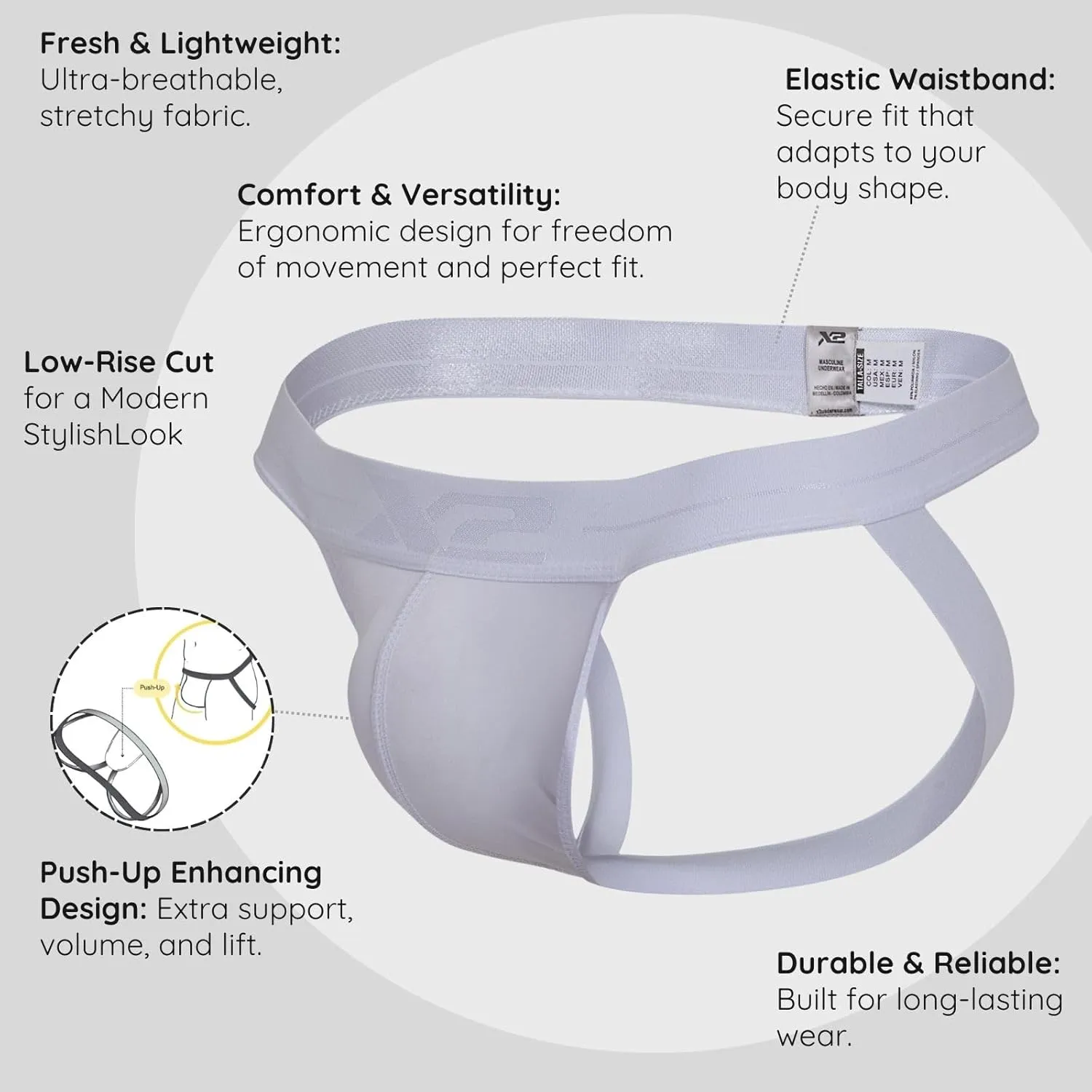 X2 Men's Jockstrap Underwear – Athletic Supporter with Push-Up Pouch – Soft Stretchy Nylon – Colombian Design