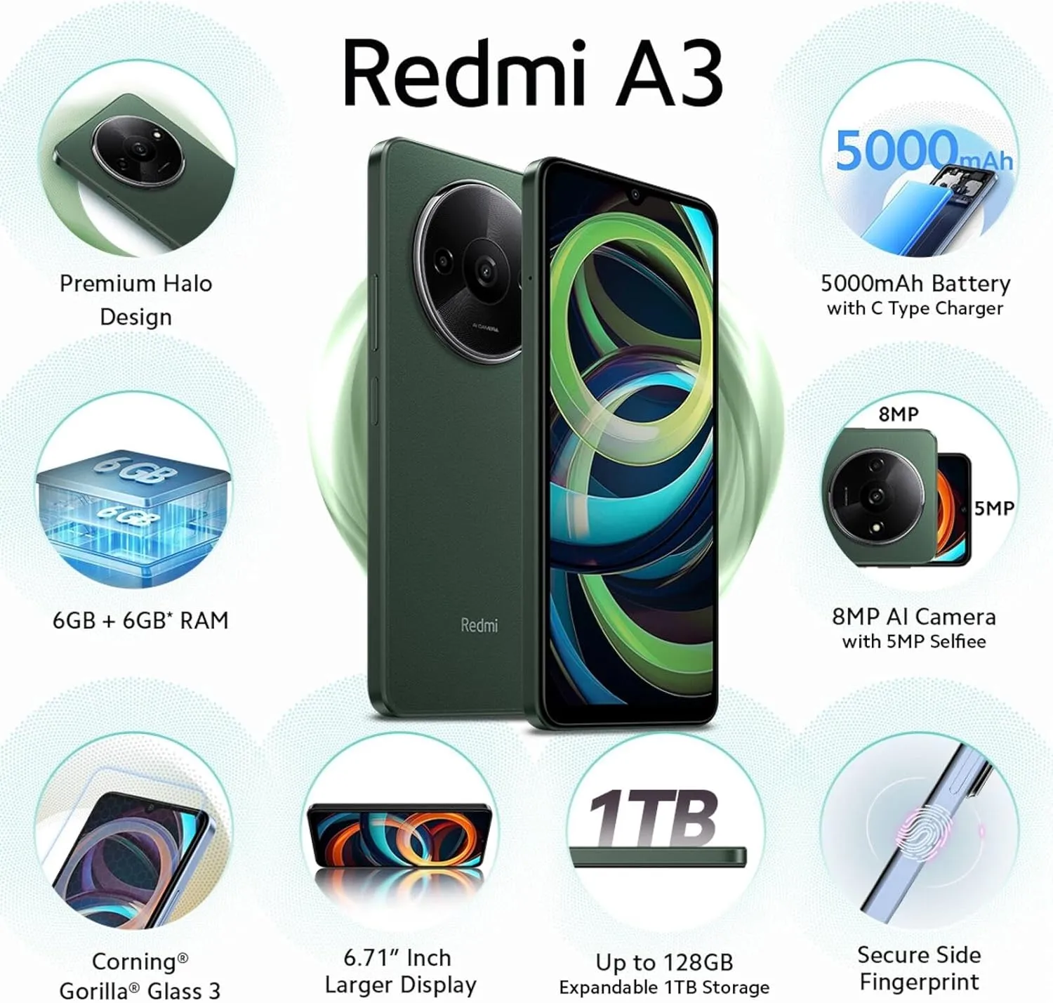 Xiaomi Redmi A3 4G 64GB   3GB Global Version (for Tmobile Tello & Global) Factory Unlocked 6.71" 8MP Dual Camera (Forest Green Global ROM)