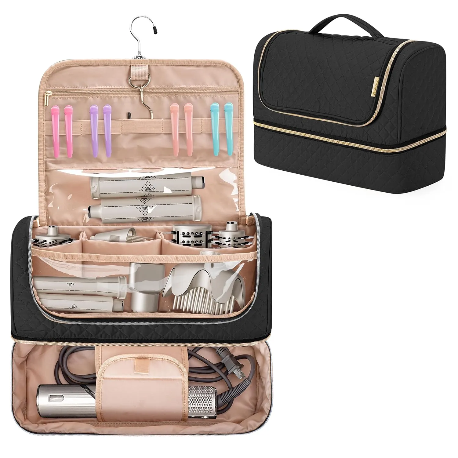 Yarwo Large Airwrap Storage Bag Compatible for Shark FlexStyle Styling (HD 430/440), Double Layers Travel Case Box for Shark Flexstyle/Dyson Airwrap and Hair Styler Attachments, Black (Bag Only)