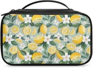 Yellow Lemon Cosmetic Bag for Women White Floral Makeup Organizer Stain resistant Toiletry Bag with Handle,Travel Accessories