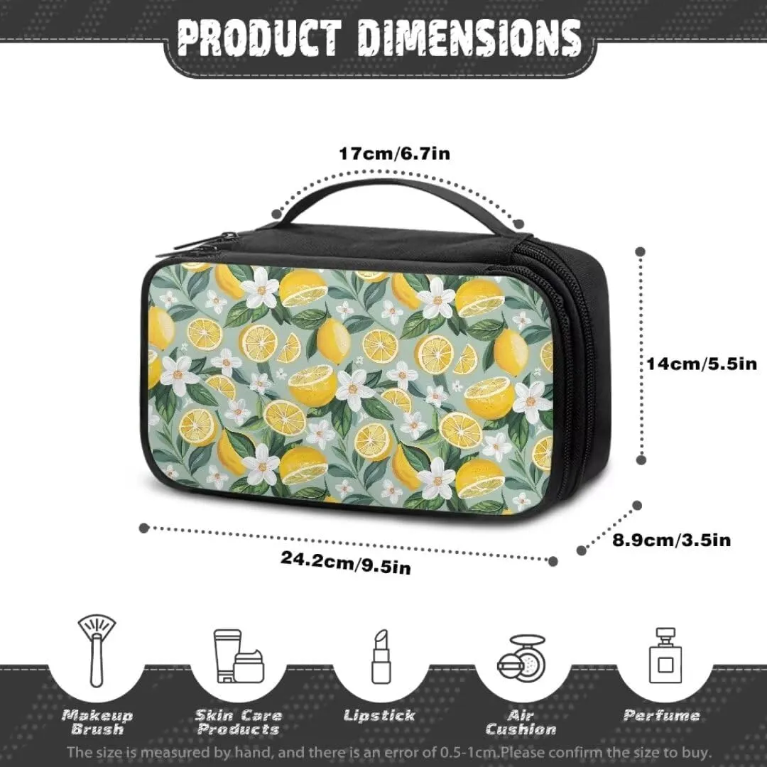 Yellow Lemon Cosmetic Bag for Women White Floral Makeup Organizer Stain resistant Toiletry Bag with Handle,Travel Accessories