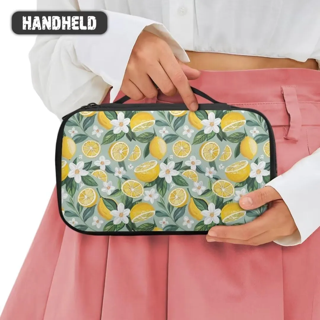 Yellow Lemon Cosmetic Bag for Women White Floral Makeup Organizer Stain resistant Toiletry Bag with Handle,Travel Accessories