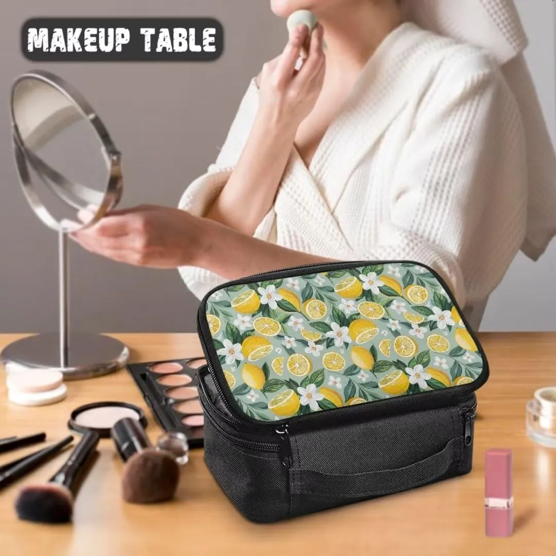 Yellow Lemon Cosmetic Bag for Women White Floral Makeup Organizer Stain resistant Toiletry Bag with Handle,Travel Accessories