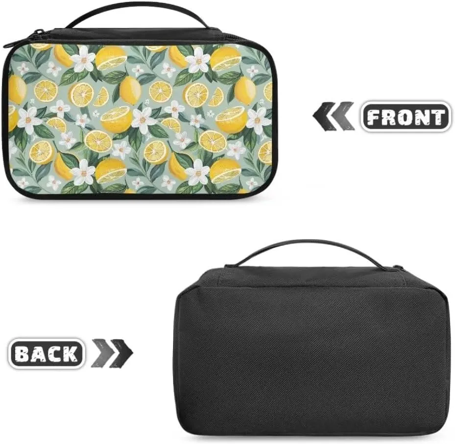 Yellow Lemon Cosmetic Bag for Women White Floral Makeup Organizer Stain resistant Toiletry Bag with Handle,Travel Accessories
