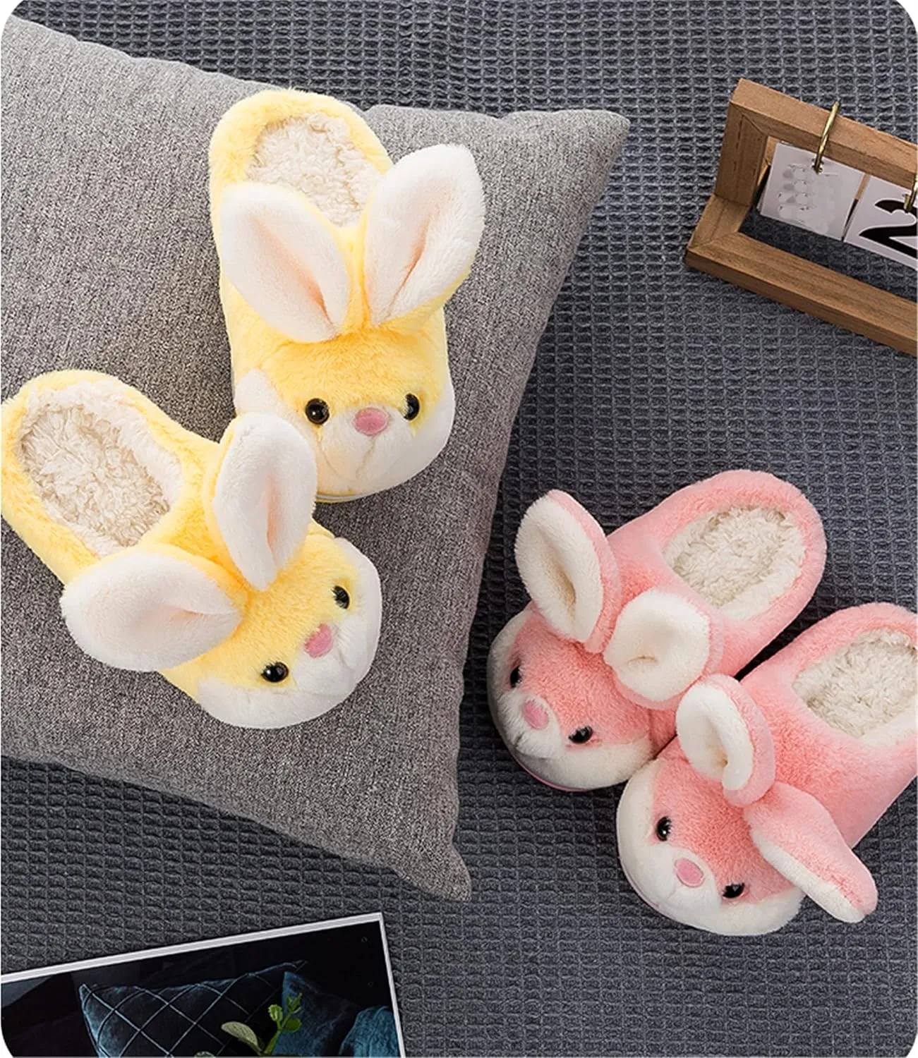 YILANLAN Women's Cute Bunny Animals Slippers Interesting Comfortable Furry Slippers Soft Plush Winter season Keep warm Home Slippers