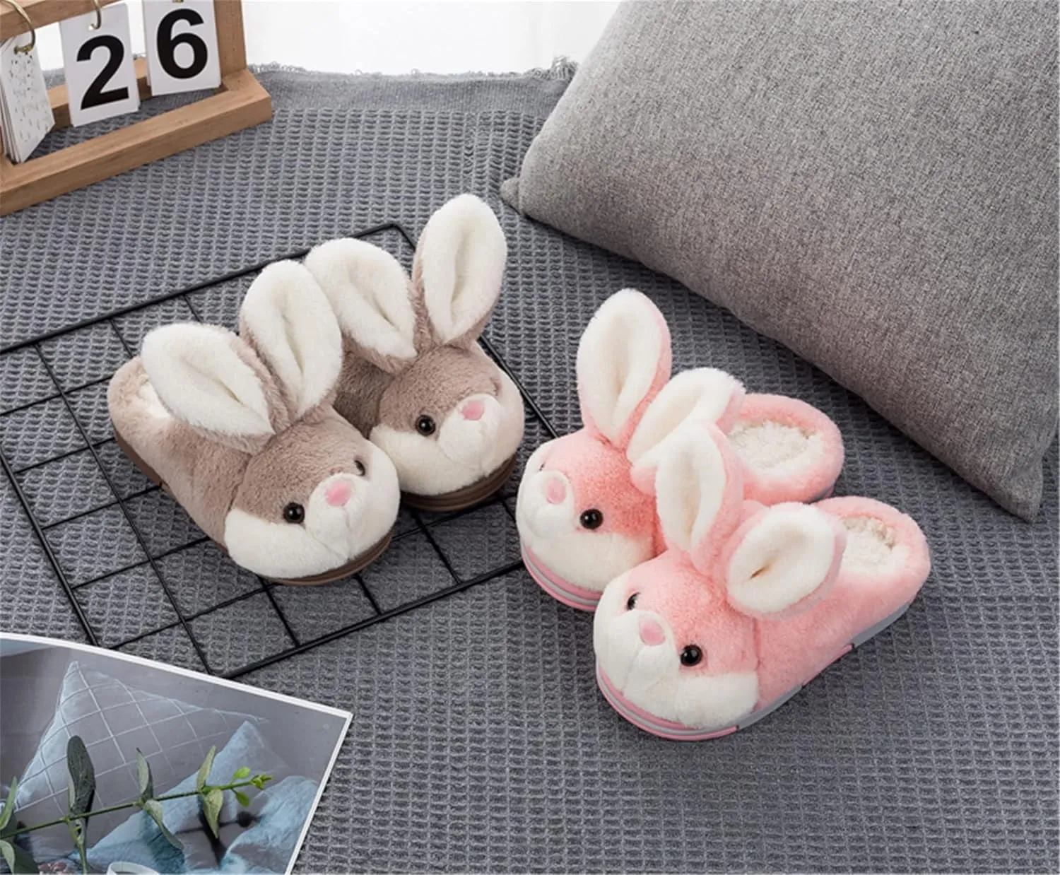 YILANLAN Women's Cute Bunny Animals Slippers Interesting Comfortable Furry Slippers Soft Plush Winter season Keep warm Home Slippers