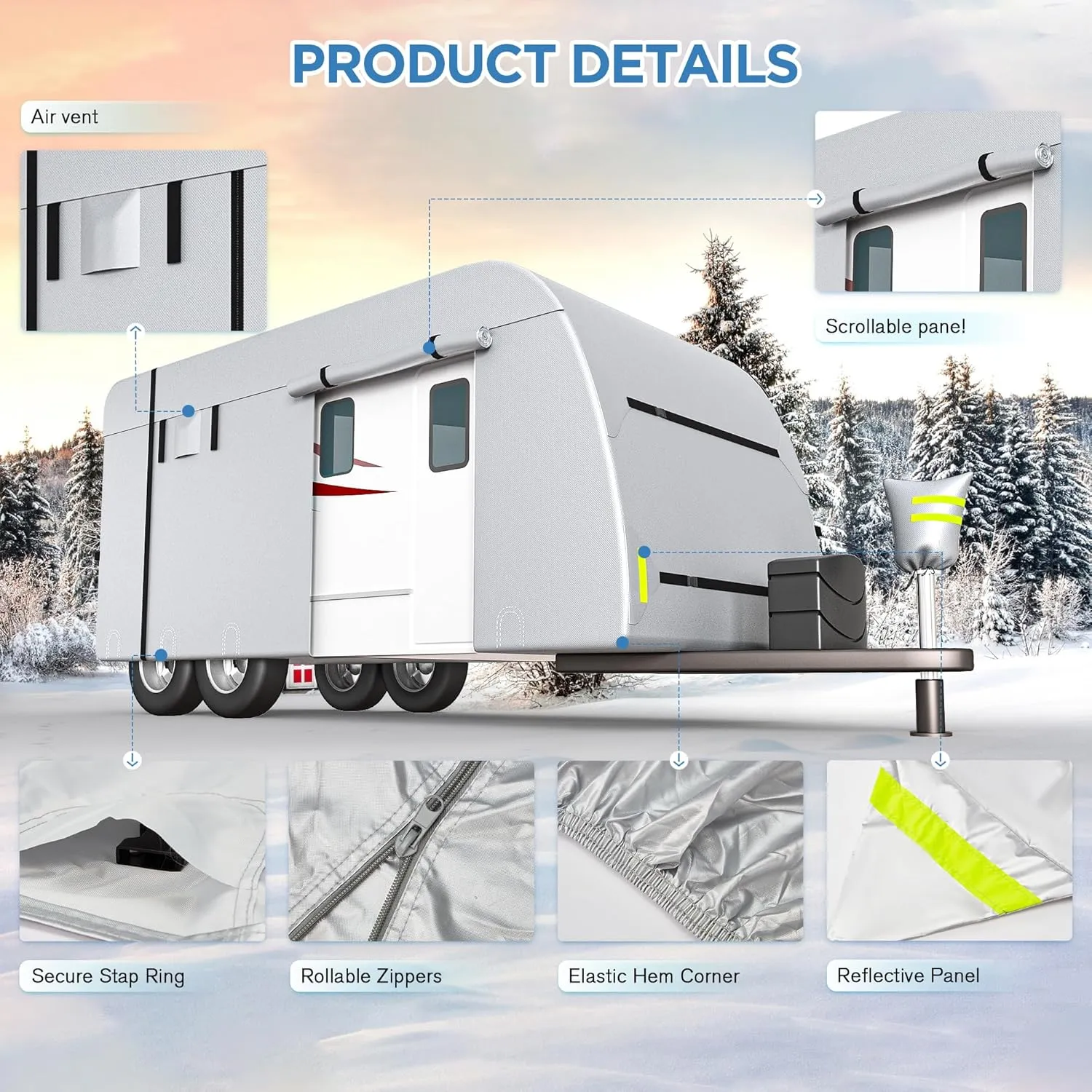 YOLENY 27'-30' Travel Trailer RV Cover, 300D Windproof Rip-Resistant Anti-UV Camper Cover with Jack Cover Storage Bag Repair Patches and Tire Covers