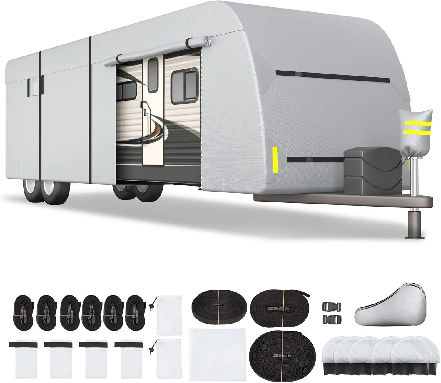 YOLENY 27'-30' Travel Trailer RV Cover, 300D Windproof Rip-Resistant Anti-UV Camper Cover with Jack Cover Storage Bag Repair Patches and Tire Covers