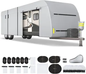 YOLENY 27'-30' Travel Trailer RV Cover, 300D Windproof Rip-Resistant Anti-UV Camper Cover with Jack Cover Storage Bag Repair Patches and Tire Covers