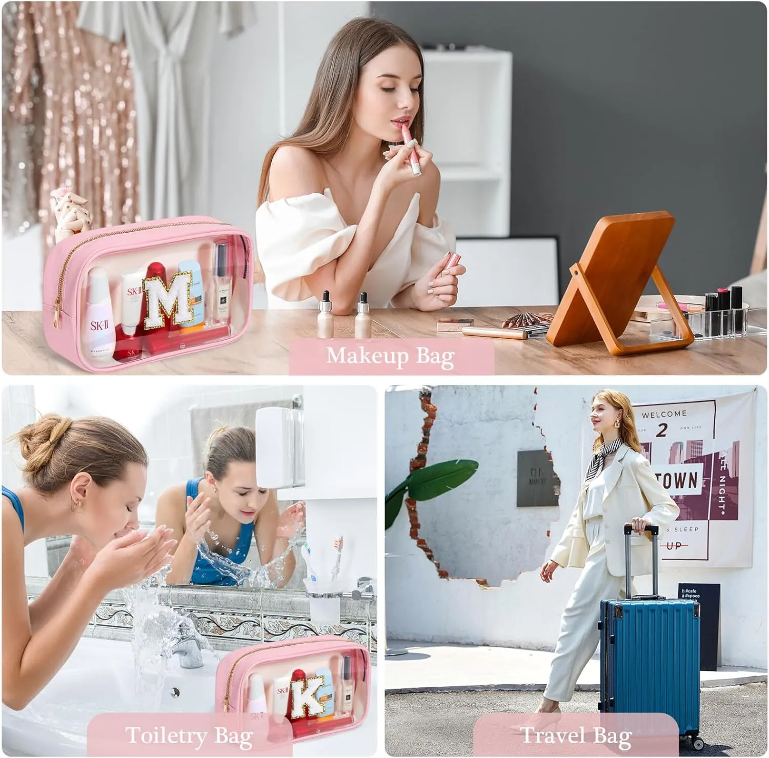 YOOLIFE Graduation Teacher Gifts Travel Toiletry Bag, Clear Makeup Bag Preppy Cosmetic Bags Organizer Travel Essentials Pink Gifts for Girls Teen Girlfriend Kids Birthday Gift Preppy Stuff M