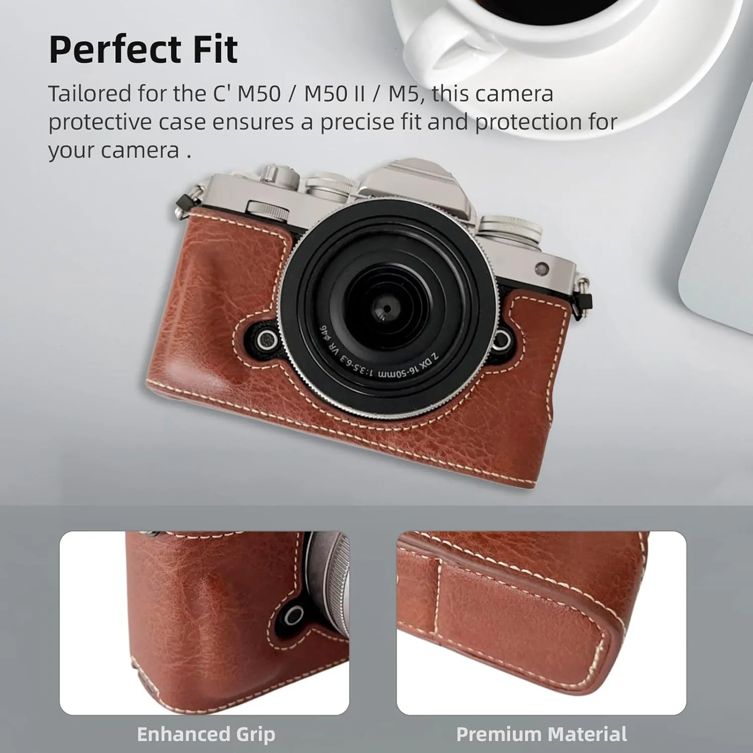 Z fc Camera Protective Case, PU Leather Half Camera Case Bag Retro Style Portable Camera Case Holder Carry Bag Bottom Opening Design with Shoulder Strap Replacement (Coffee)