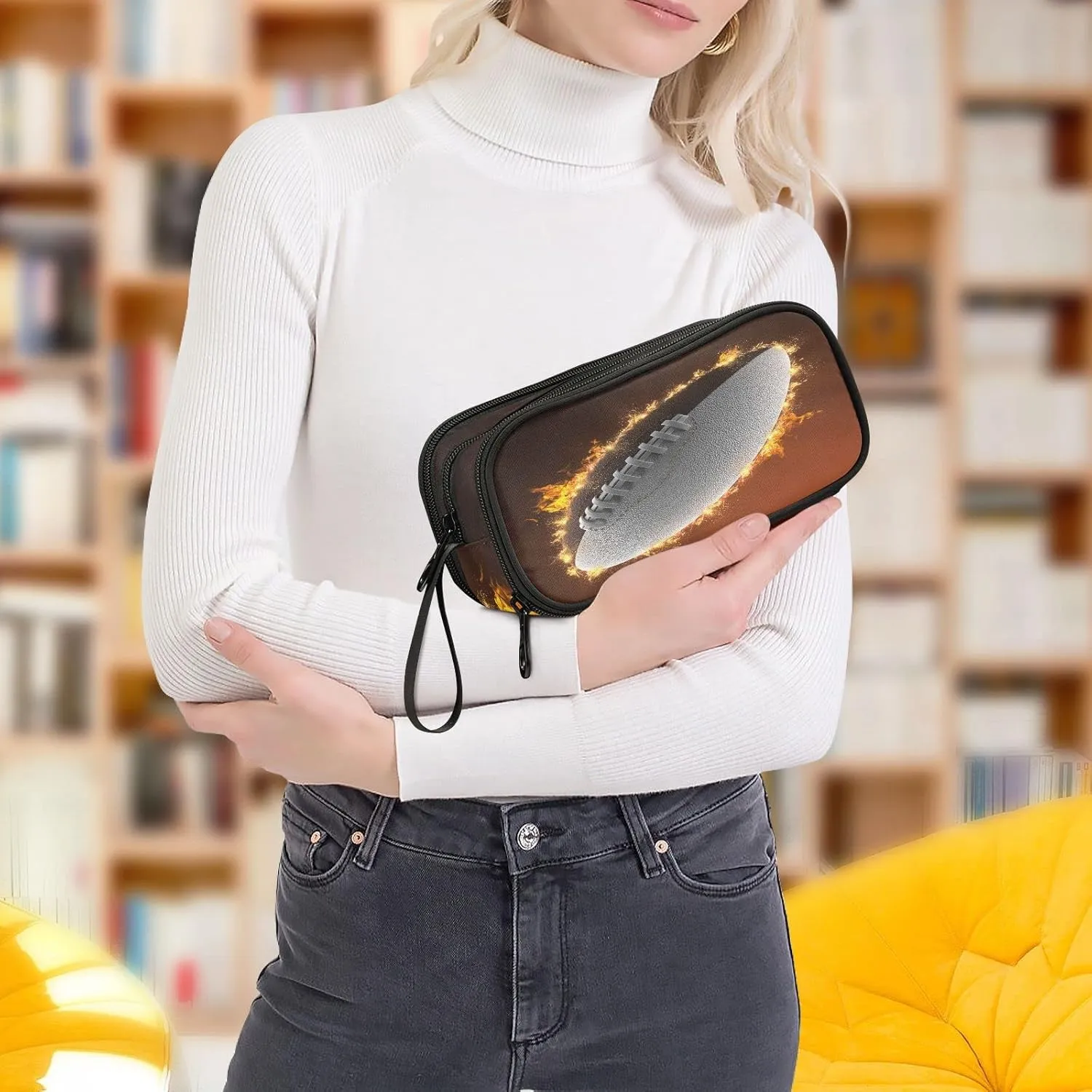 ZAZYXTJ American Football Large Capacity Pencil Case 3 Compartment Pen Pouch Storage Canvas Makeup Bag for School Office Teen Girl Boy Men Women
