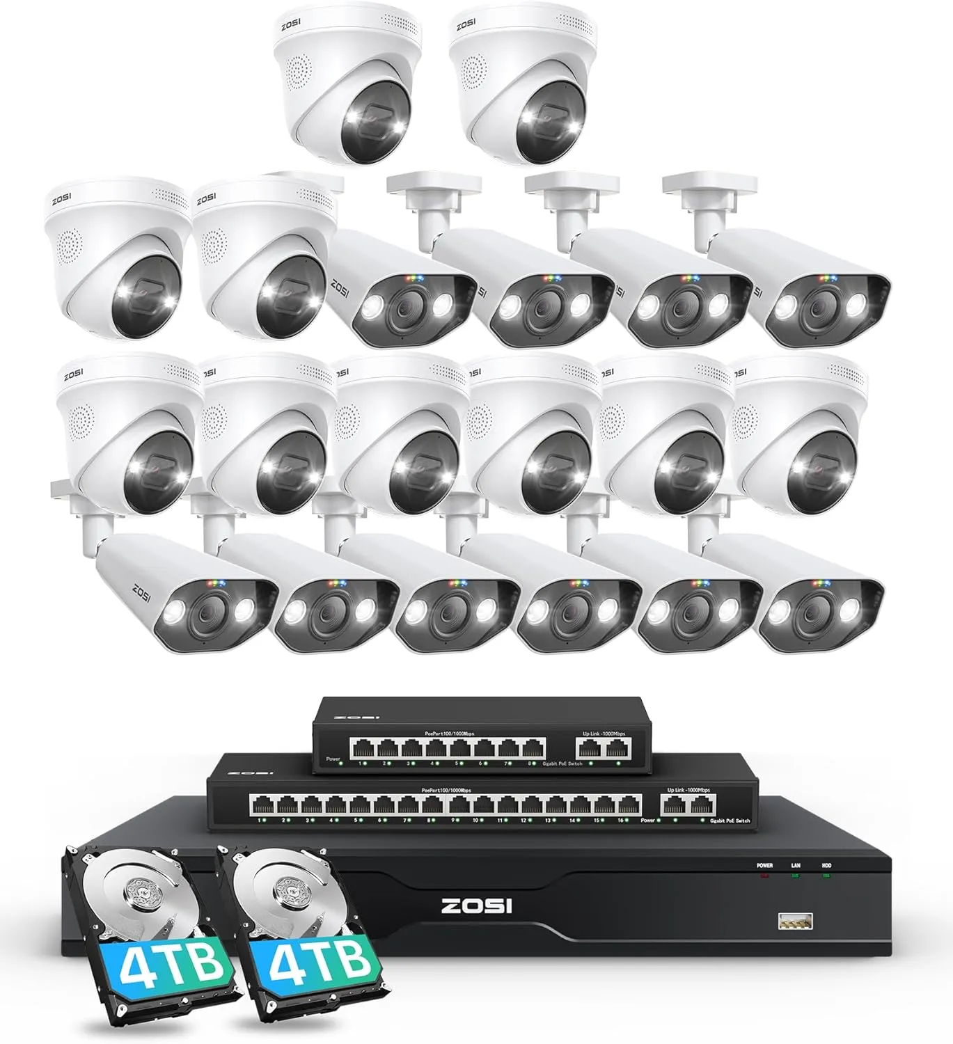 ZOSI 32CH 4K PoE Security Camera System, 20pcs 8MP Outdoor Indoor IP Cameras, Face Person Vehicle Detection, 2 Way Audio, Spotlight Siren, 32 Channel 4K NVR with 8TB HDD for 24/7 Recording