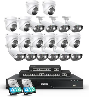ZOSI 32CH 4K PoE Security Camera System, 20pcs 8MP Outdoor Indoor IP Cameras, Face Person Vehicle Detection, 2 Way Audio, Spotlight Siren, 32 Channel 4K NVR with 8TB HDD for 24/7 Recording