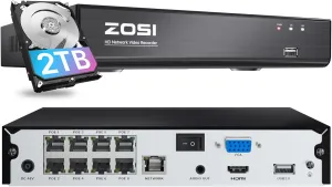 ZOSI 4K 8 Channel PoE NVR System (16CH Expandable) with 2TB HDD for 24/7 Recording, Playback, Remote Access, Motion Detection, H.265  Network Video Recorder only Work with Our PoE IP Cameras
