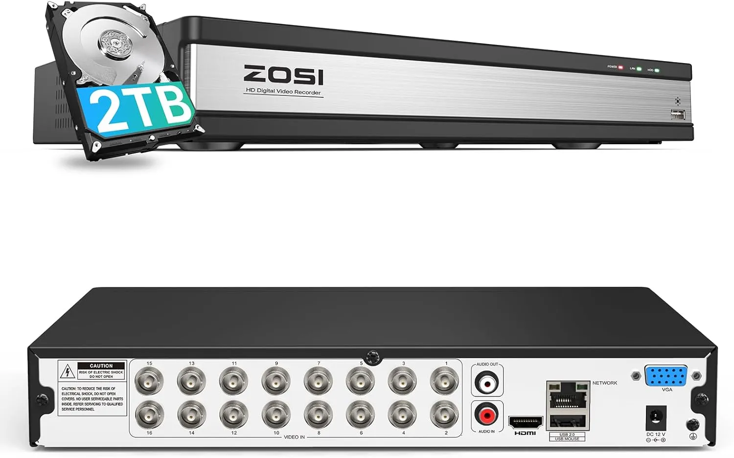 ZOSI H.265  Full 1080P 16 Channel Hybrid 4-in-1 Surveillance CCTV DVR with 2TB HDD for 960H,CVI,TVI,AHD Home Surveillance Cameras,with Remote View,Motion Detection