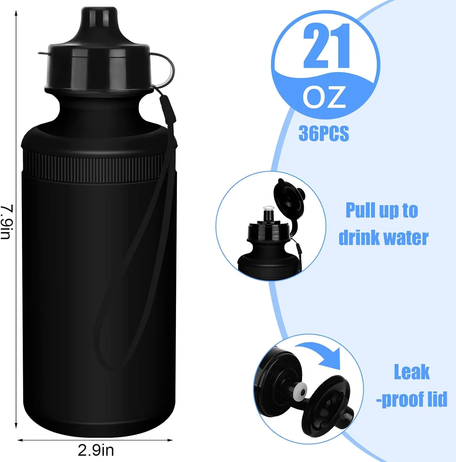 Zubebe 36 Pcs Sport Water Bottles Bulk 21 oz Squeeze Reusable BPA-Free Plastic Water Bottle with Nylon Strap Leak Proof Blank DIY Cup for School Football Team Beach Summer Grad Gift
